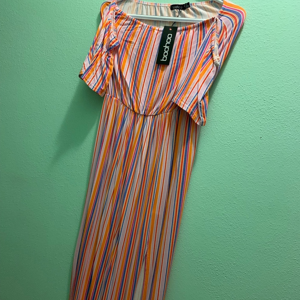 Boohoo striped off the shoulder maxi dress
